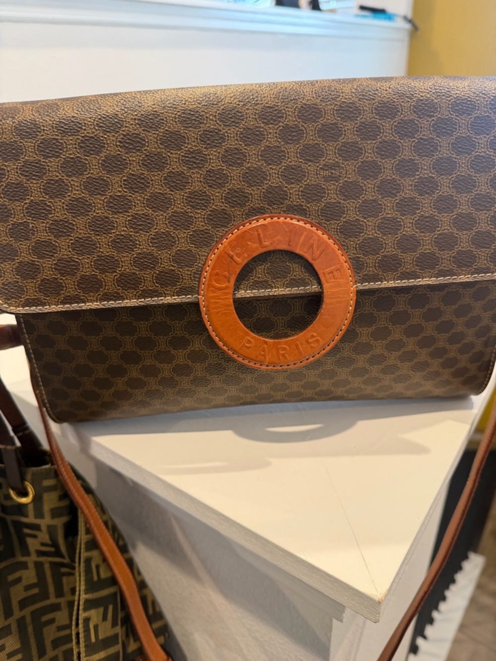 Authentic Céline  Monogram Crossbody Bag with Tan Leather Accent
